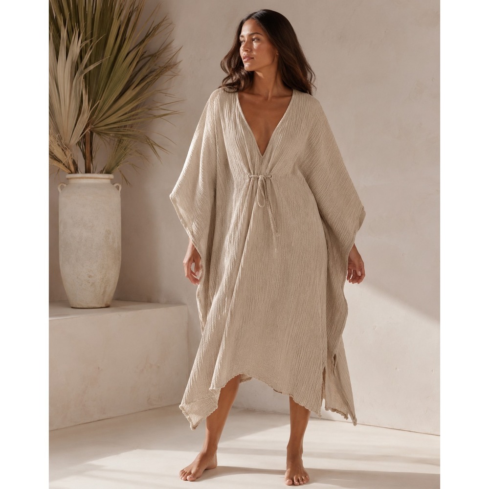 Myrah Penaloza Caftan Dress Women One Size Gray Gauzy Linen Blend Resort Coverup